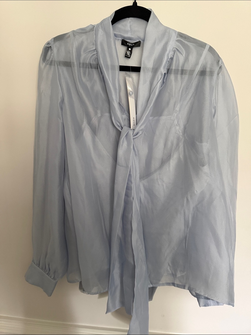 Light Blue Sheer Tie-Neck Blouse